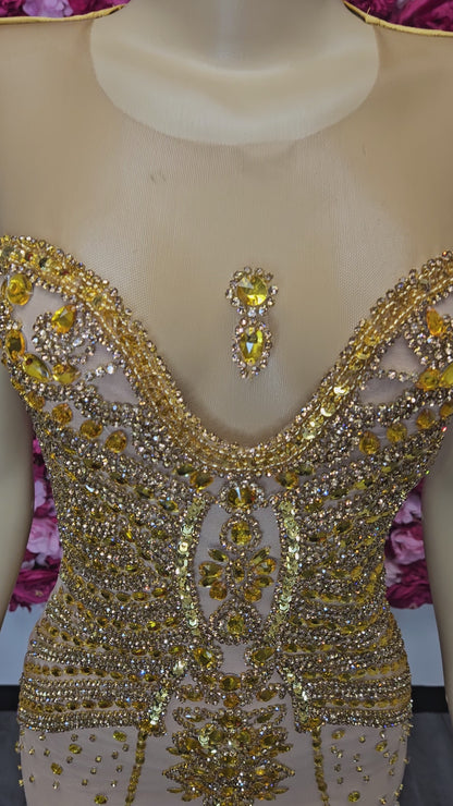 MEGABUCKS | Nude &amp; Gold Crystal Rhinestone Mini Dress