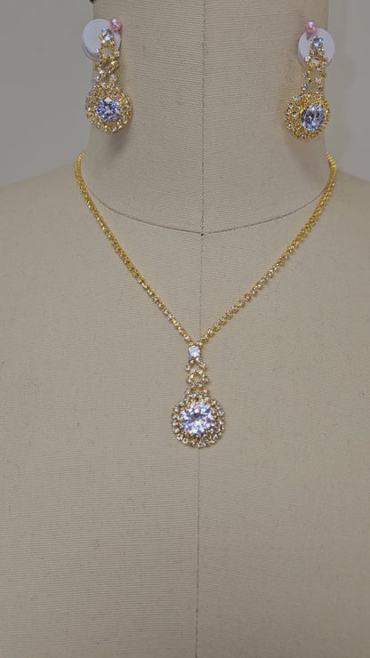 Gold Rhinestone Necklace Earring Set