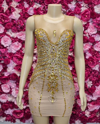 MEGABUCKS | Nude &amp; Gold Crystal Rhinestone Mini Dress