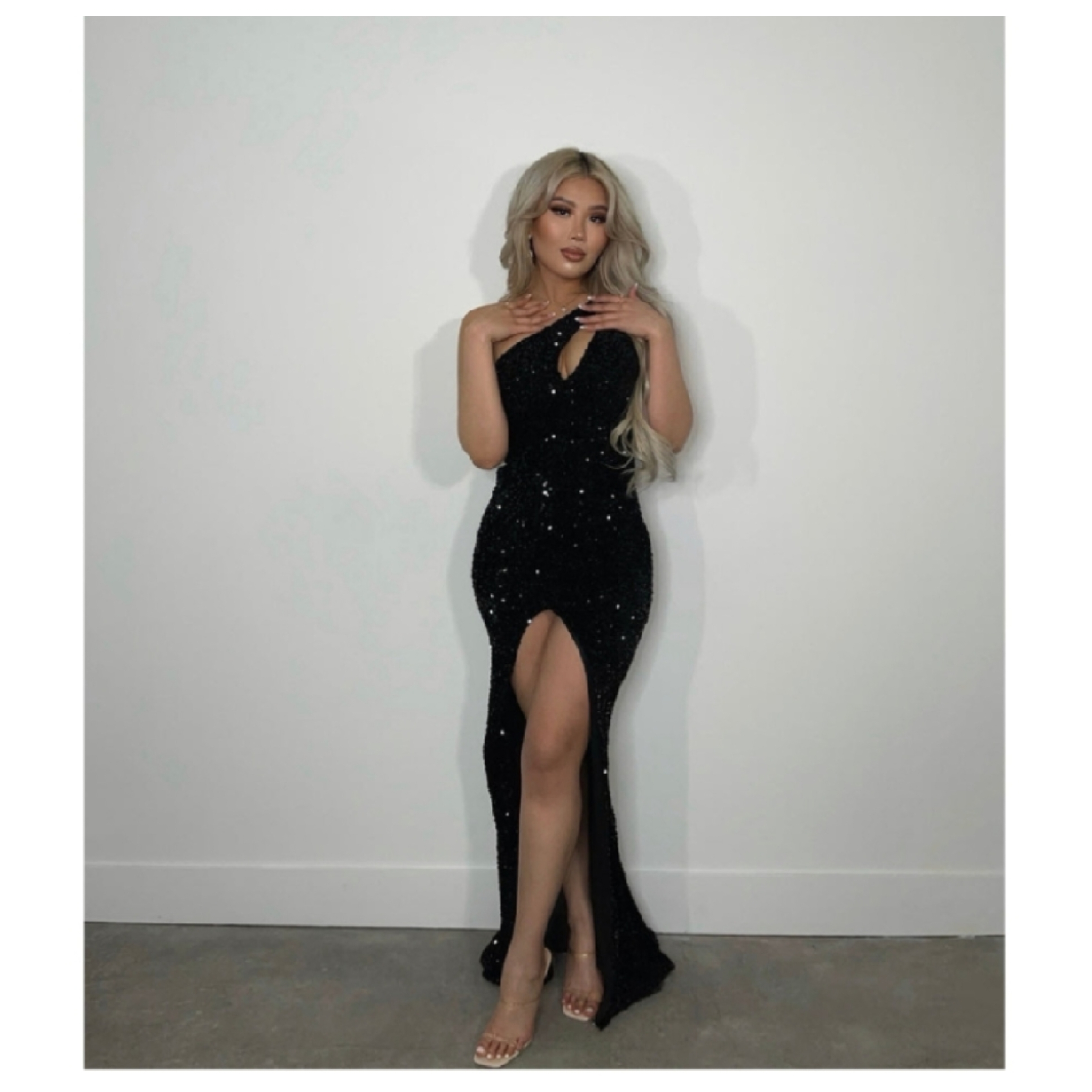 Black Sequin Front Split Gown