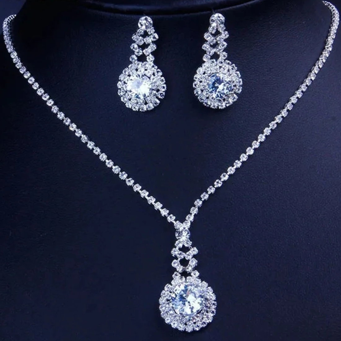 Silver Rhinestone Necklace Earring Set