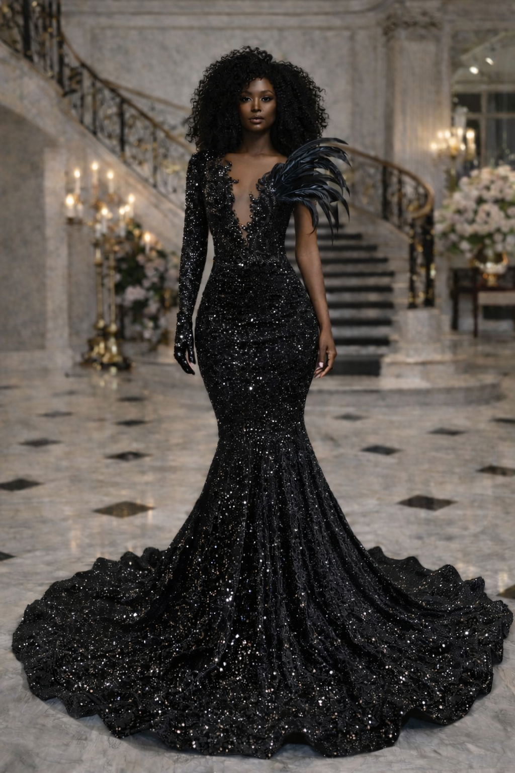 SLY-Black Sequin Mermaid Prom Dress with Feather Sleeve – Designer Couture Evening Gown