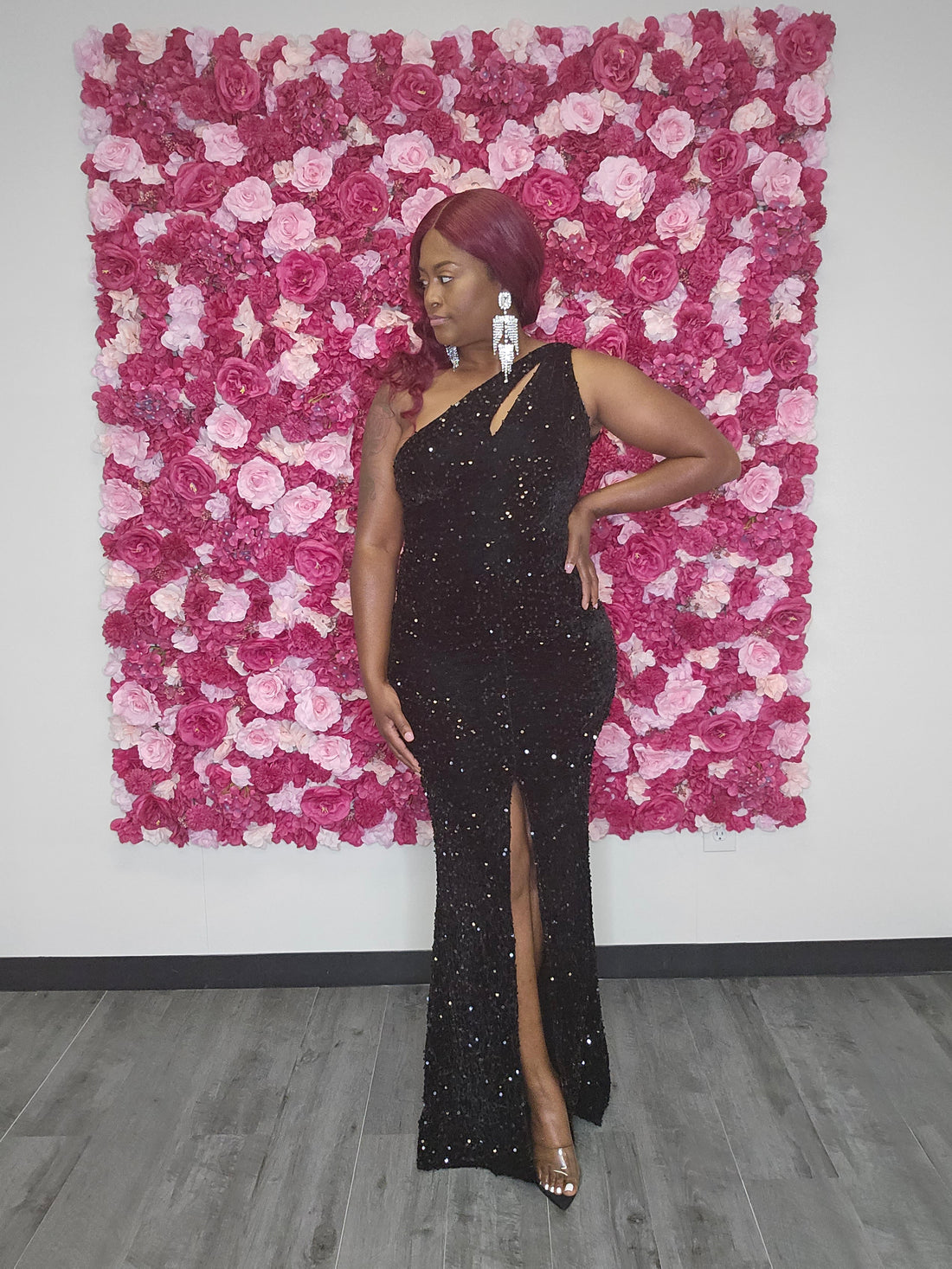 Black Sequin Front Split Gown