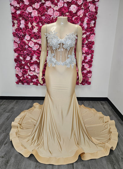 Champagne Nude Illusion Corset Mermaid Prom Gown – Ready-to-Ship