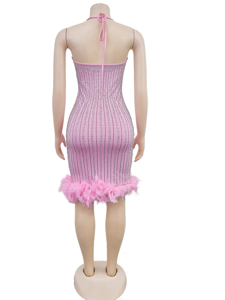 Pink Rhinestone Midi Feather Dress