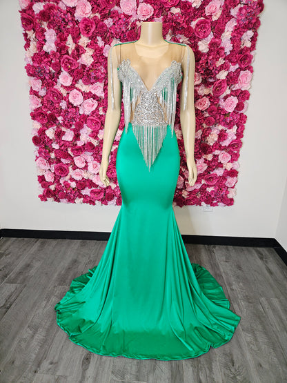 green and silver rhinestone gown Near me USA