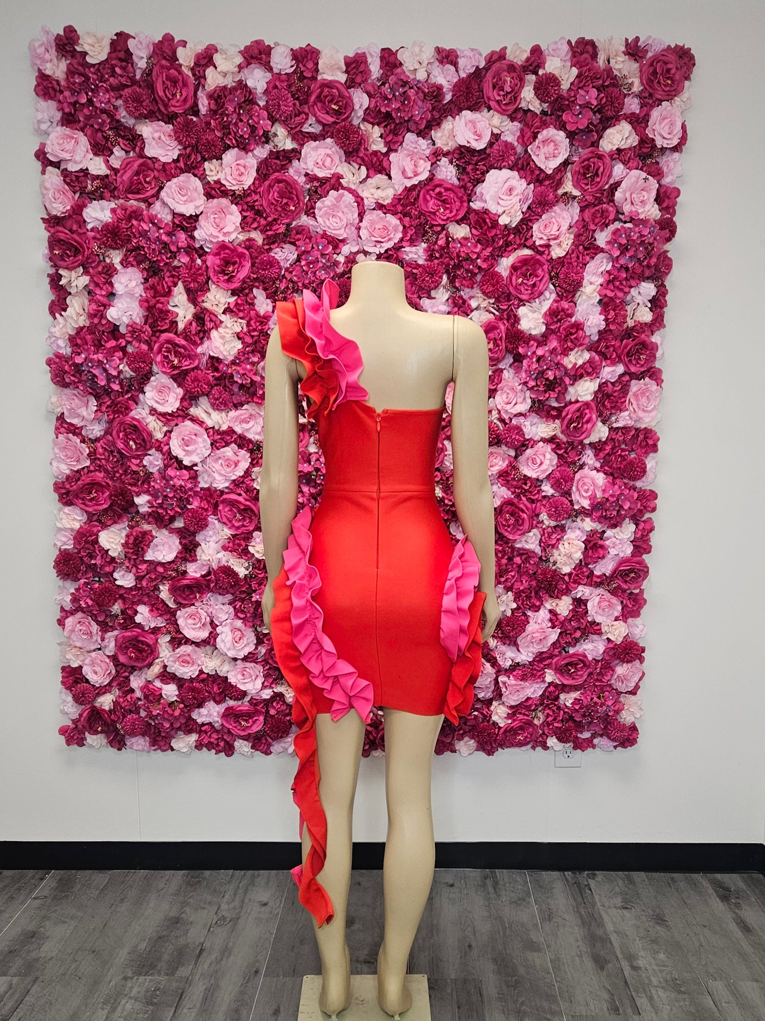 Red &amp; Hot Pink Ruffle Mini Dress – One Shoulder Statement Party Dress