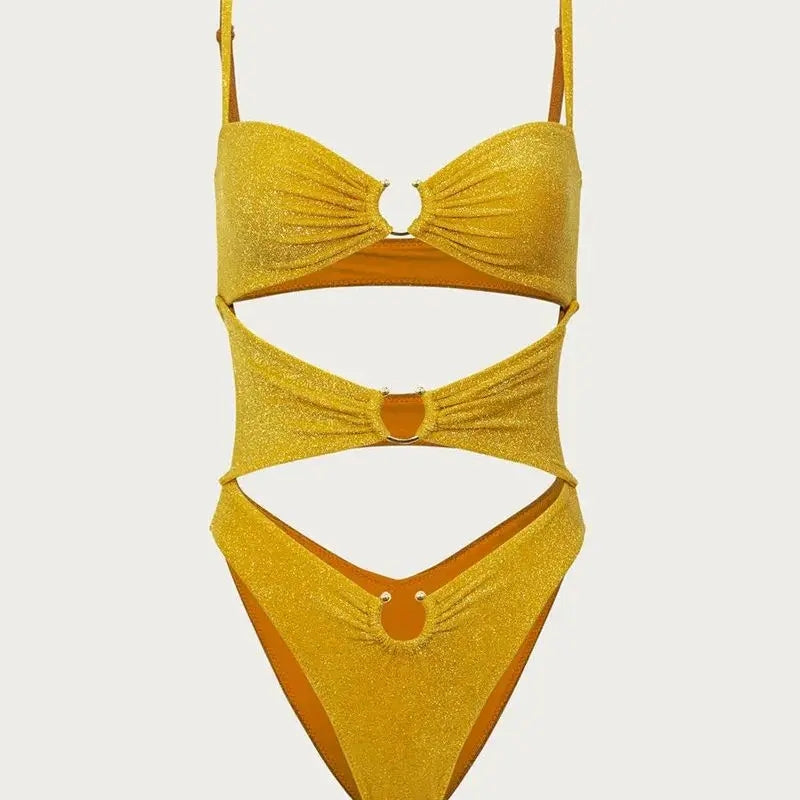 Yellow Gold Glitter One Piece Swimsuit