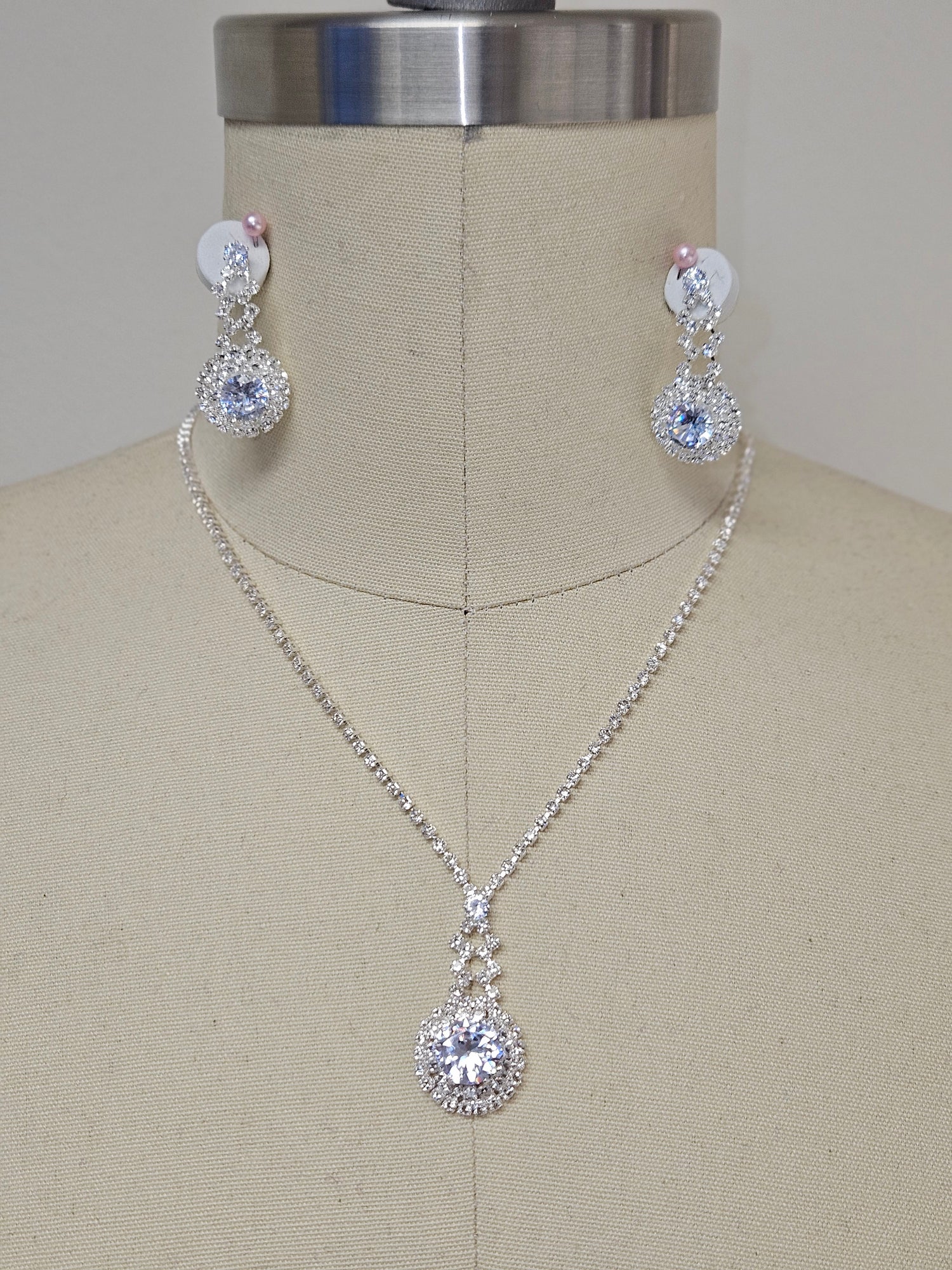 Silver Rhinestone Necklace Earring Set