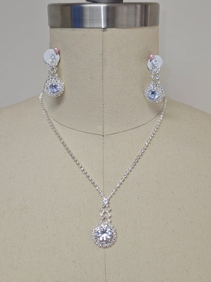 Silver Rhinestone Necklace Earring Set