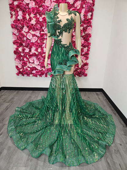 Emerald Green &amp; Gold Mermaid Gown