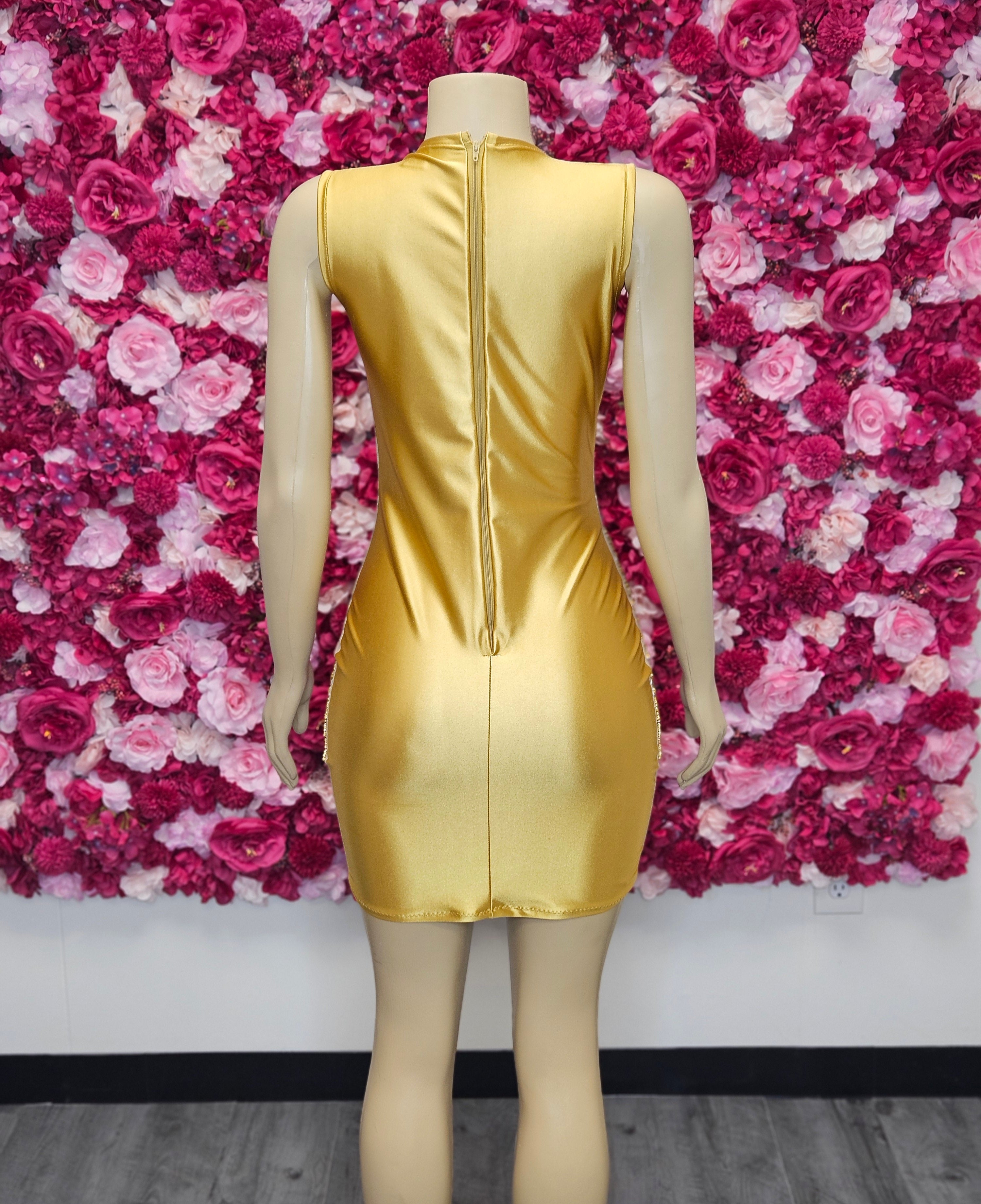 MEGABUCKS | Nude &amp; Gold Crystal Rhinestone Mini Dress