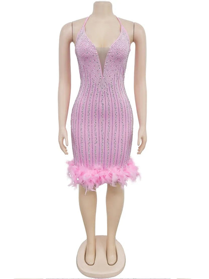 Pink Rhinestone Midi Feather Dress