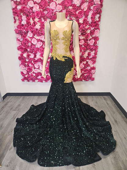 Emerald Green &amp; Gold Mermaid Gown