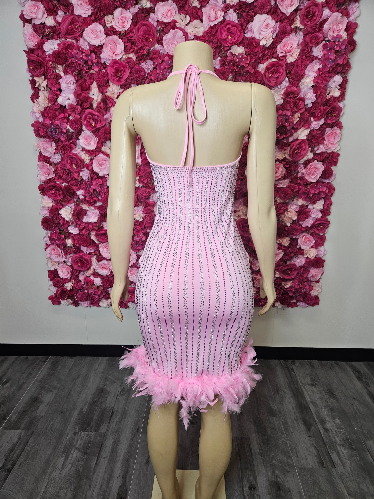 Pink Rhinestone Midi Feather Dress