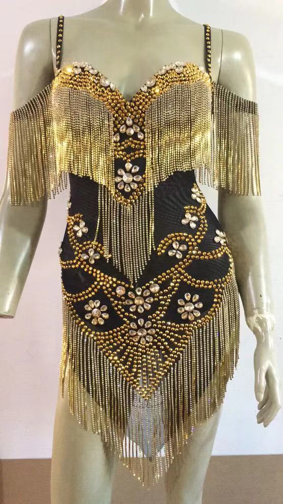 FREAKUM Rhinestone Leotard Black &amp; Gold