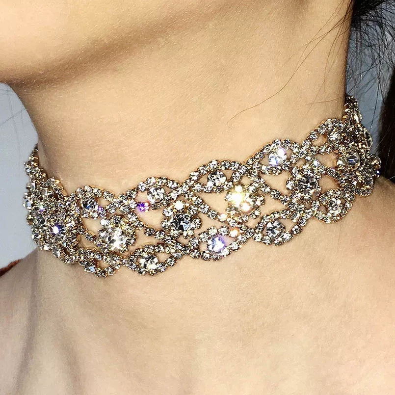 Gold crystal rhinestone choker necklace