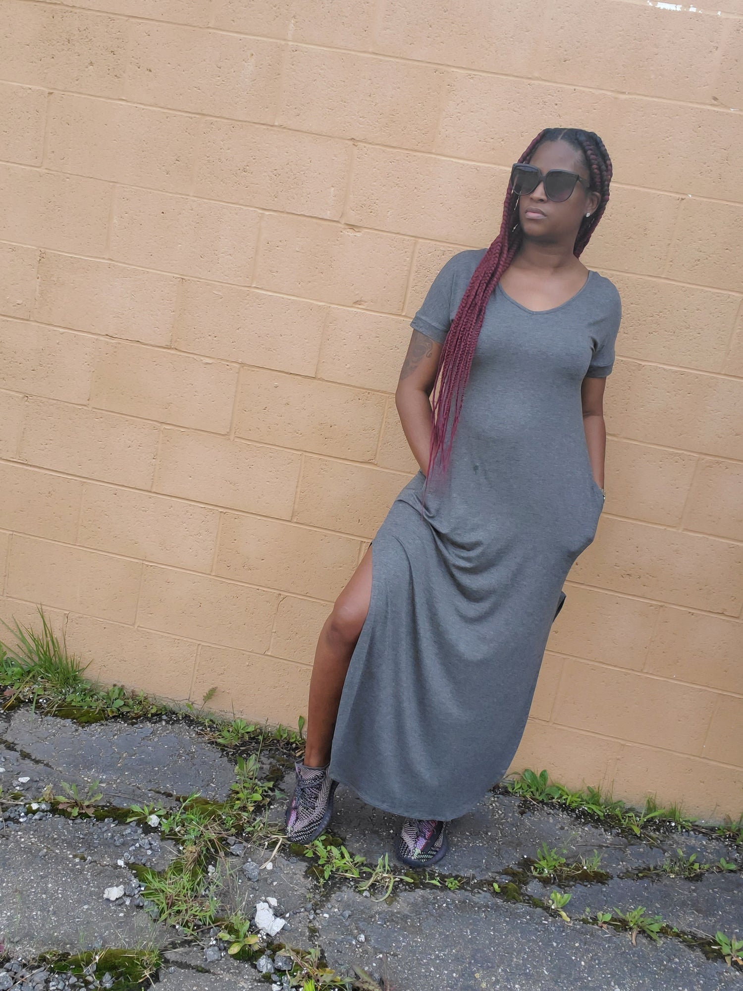 Gray oversized side split maxi dress