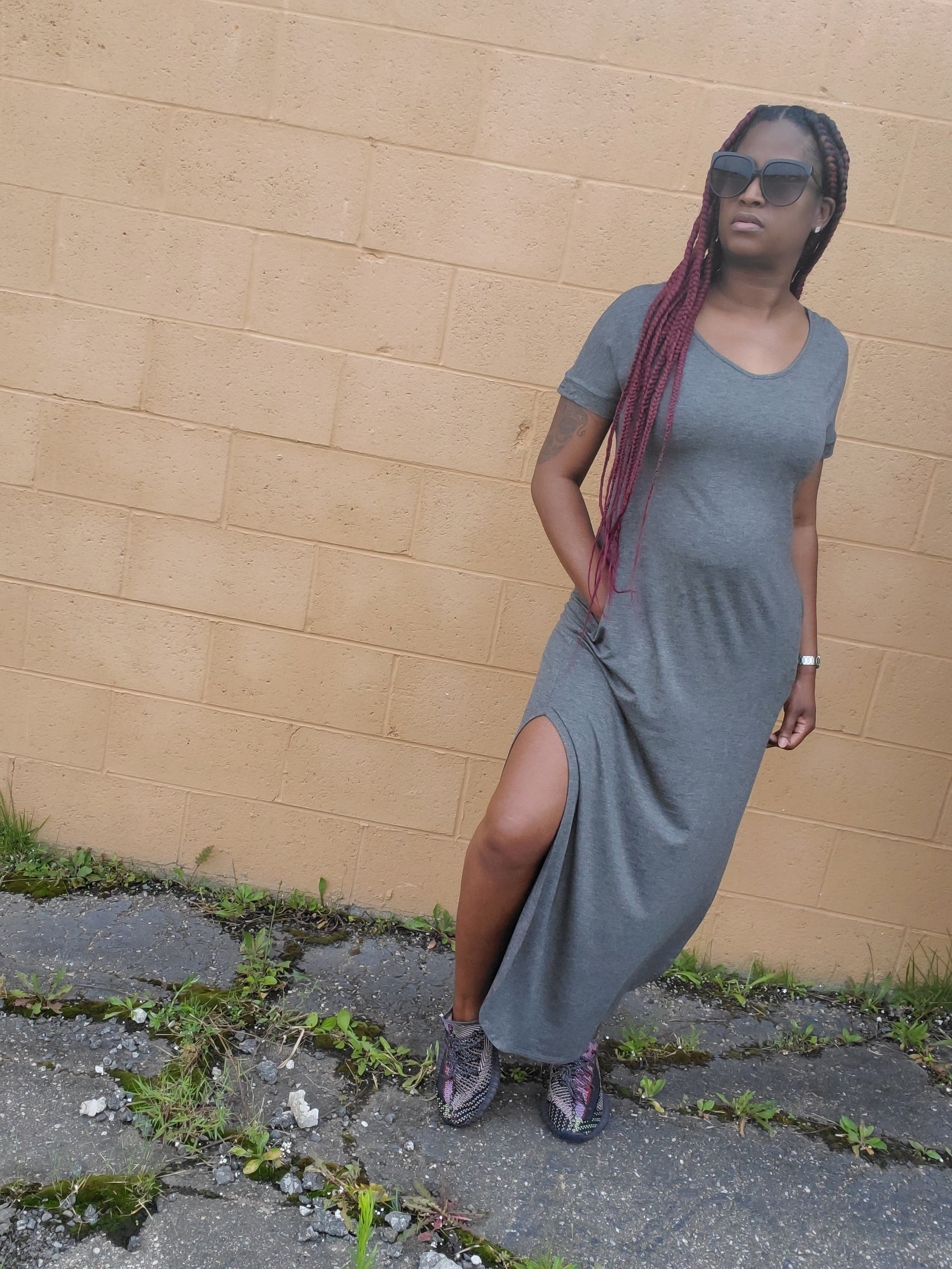 Gray oversized side split maxi dress