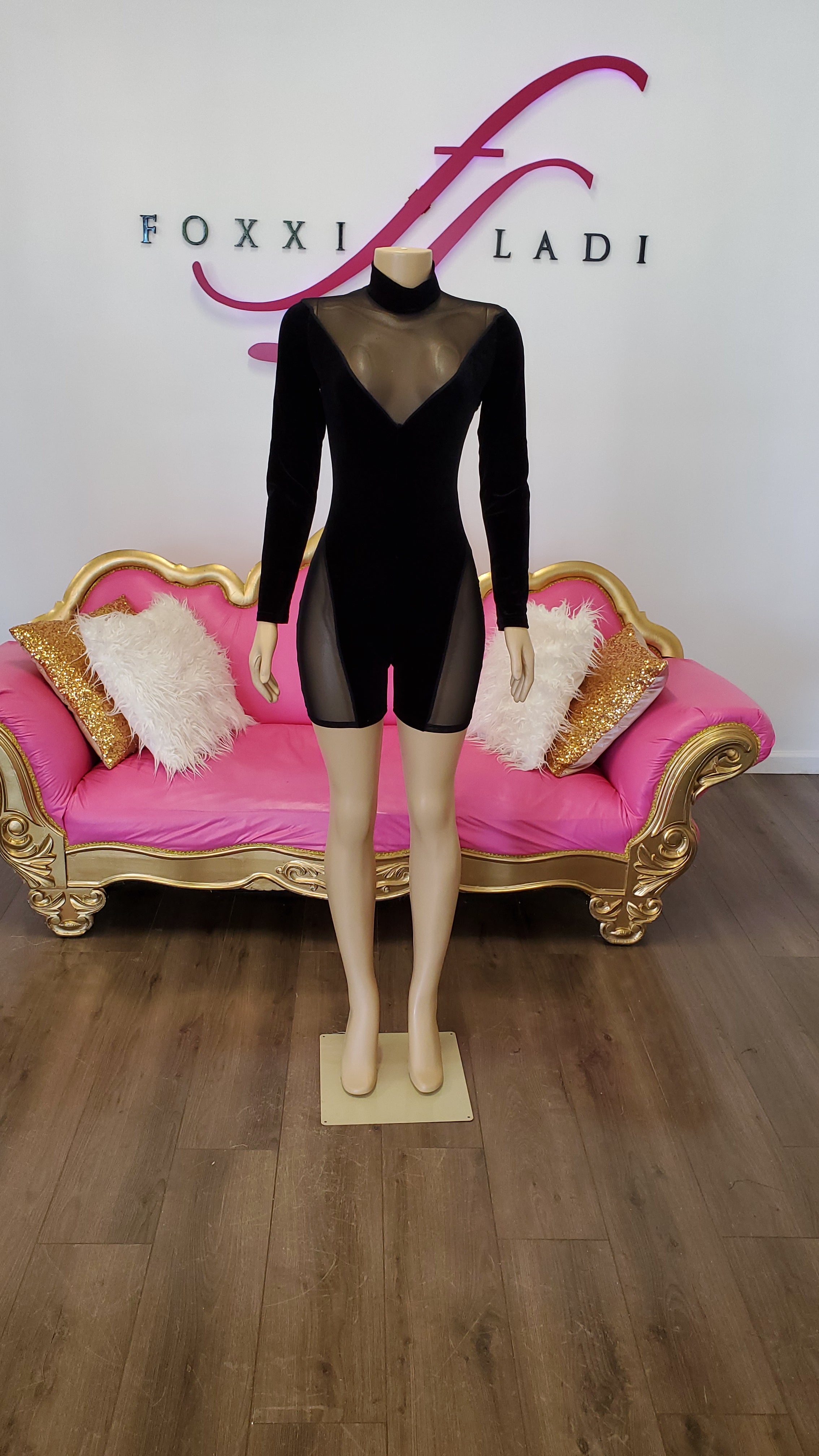 Black velvet mesh short jumpersuit