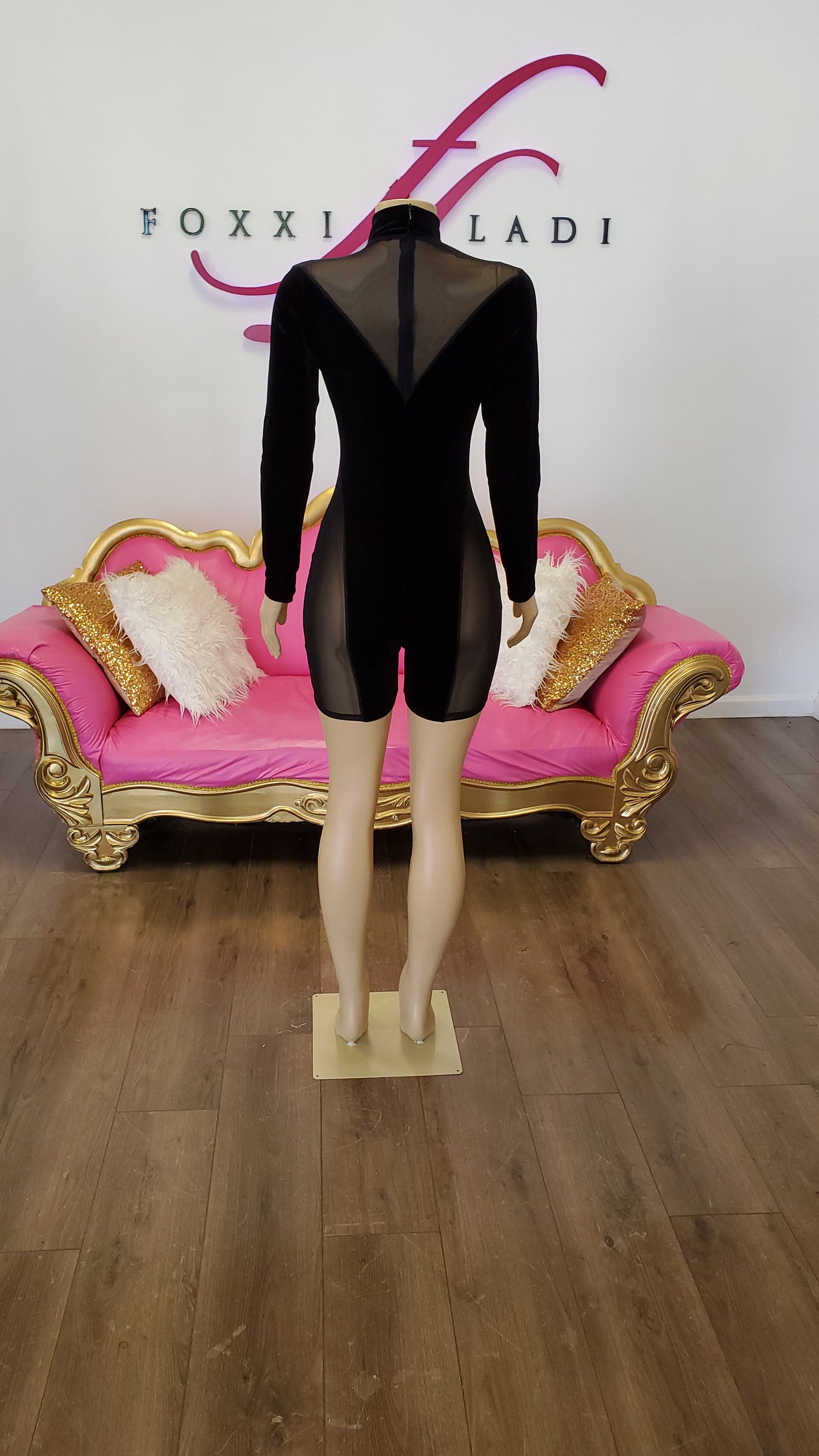 Black velvet mesh short jumpersuit