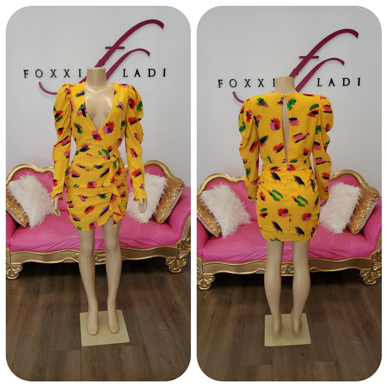 Yellow long sleeve deep V printed dress