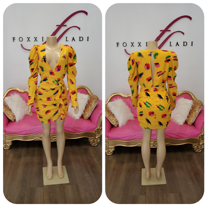 Yellow long sleeve deep V printed dress