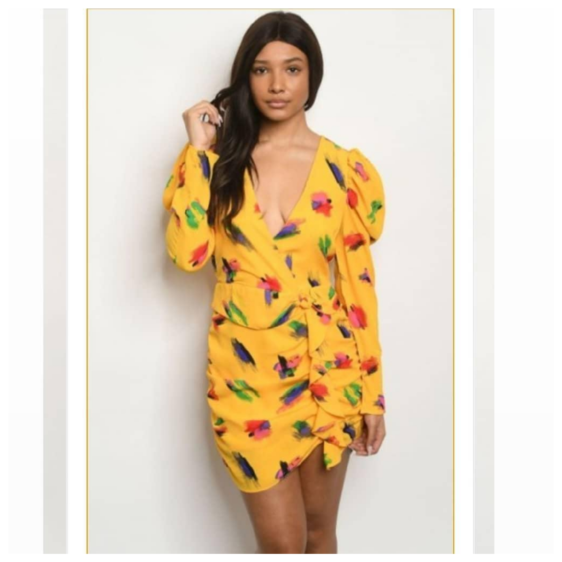 Yellow long sleeve deep V printed dress