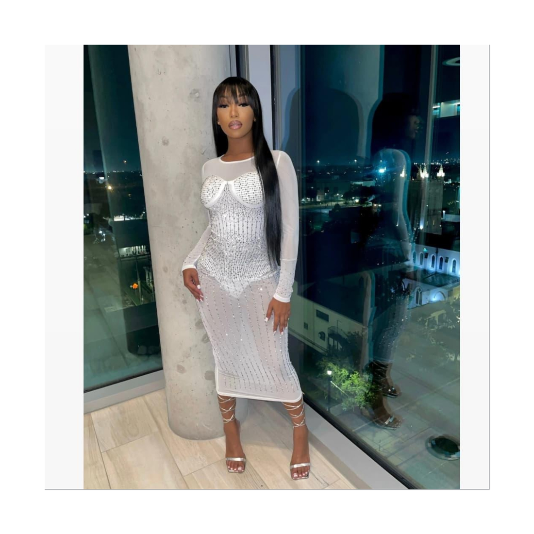White long sleeve studded Midi Dress