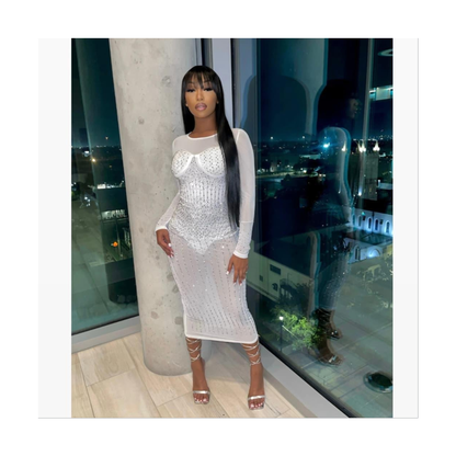 White long sleeve studded Midi Dress
