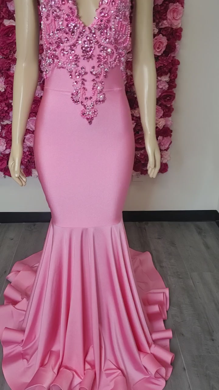 long pink v neck prom dress In USA